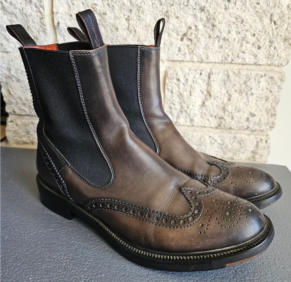 Santoni Wingtip Leather Western Boots, Dual Tab, Womens Sz EU 38=US 8